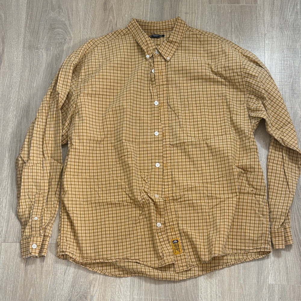 Aeropostale Men's Mustard and Brown Plaid Button-Down Shirt